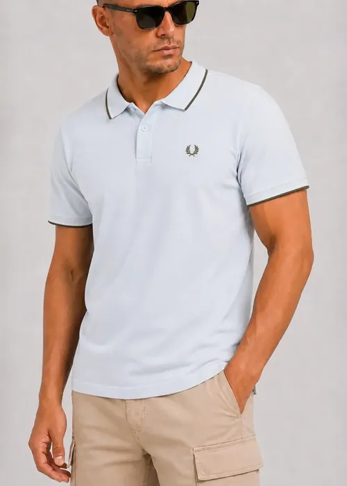 Fred Perry Twin Tipped Polo - dusky blue ecru laurel wreath green