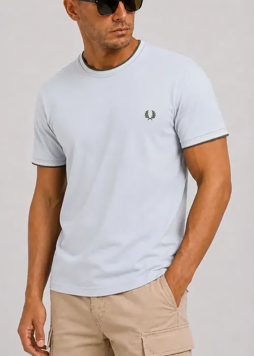 Fred Perry Twin tipped t-shirt - dusky blue ecru laurel wreath green